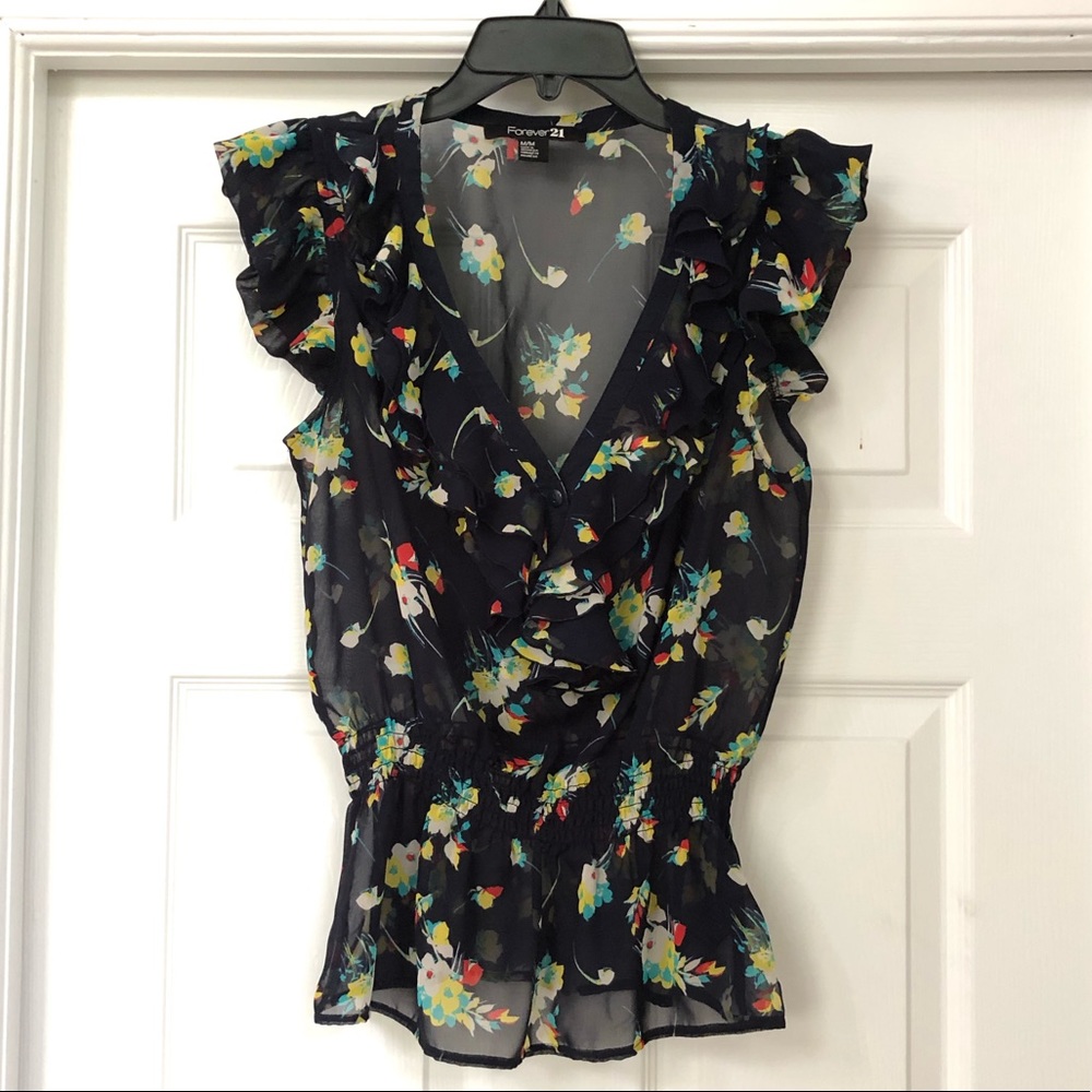 Forever 21 Sheer Chiffon Ruffle Scrunch V-Neck Top